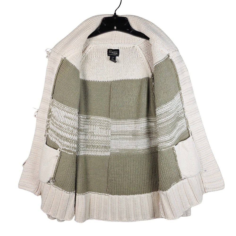 Hand-knit Cabin Coastal Patchwork Sweater Cowl Neck Button Front Chunky‎ Neutral - Picture 3 of 15